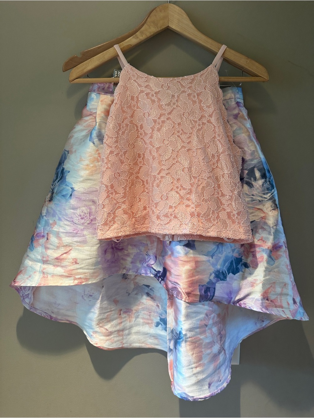 Ally B Girls Fancy Peach Lace Crop Top with Floral High-Low Skirt Set 16